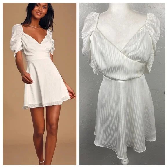 Lulus Dance After Dark White Satin Striped
Skater mini Dress Large - Picture 1 of 10